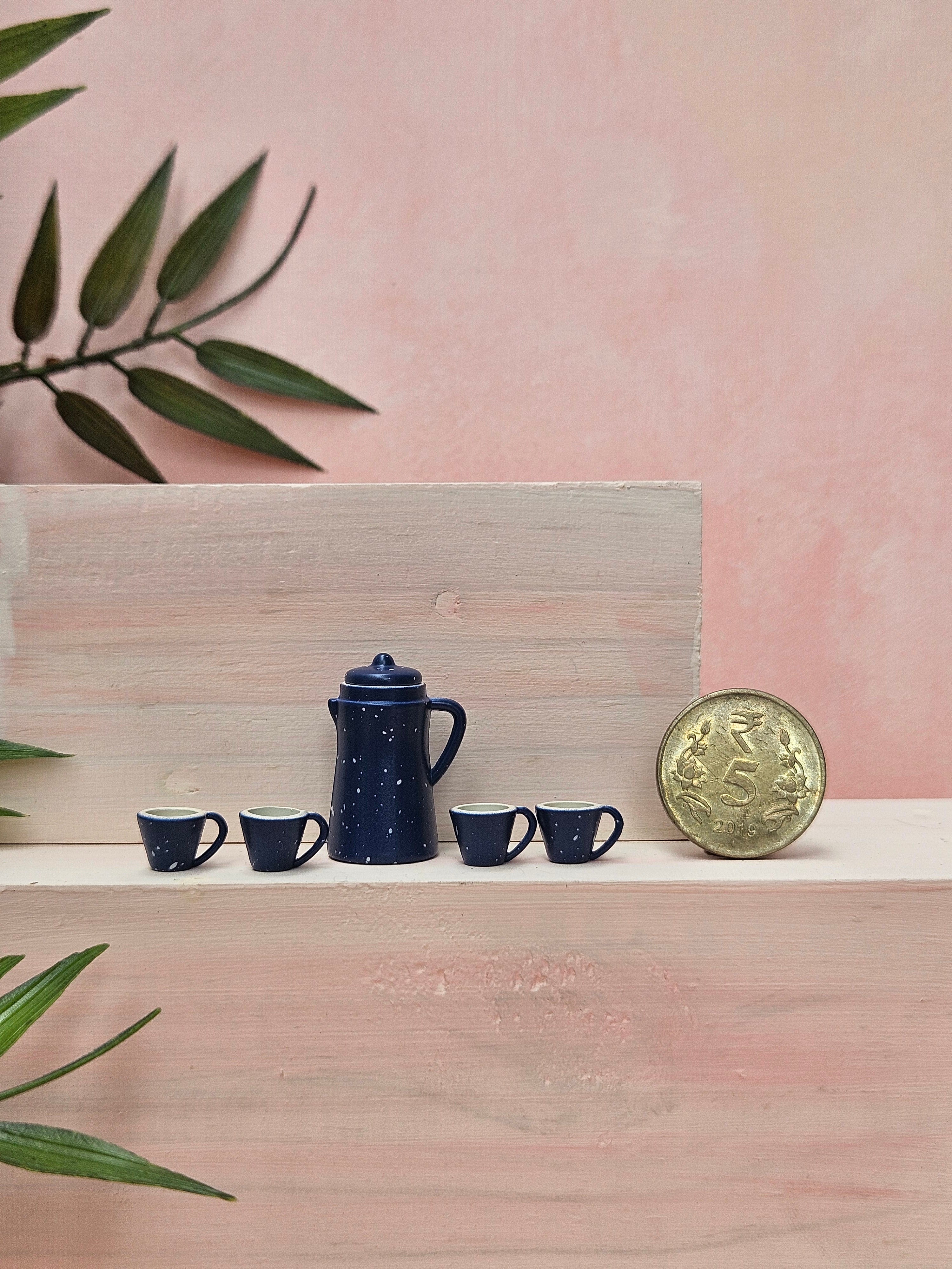 Miniature blue kettle and cup set with realistic design for dollhouse kitchen décor and collectibles in India