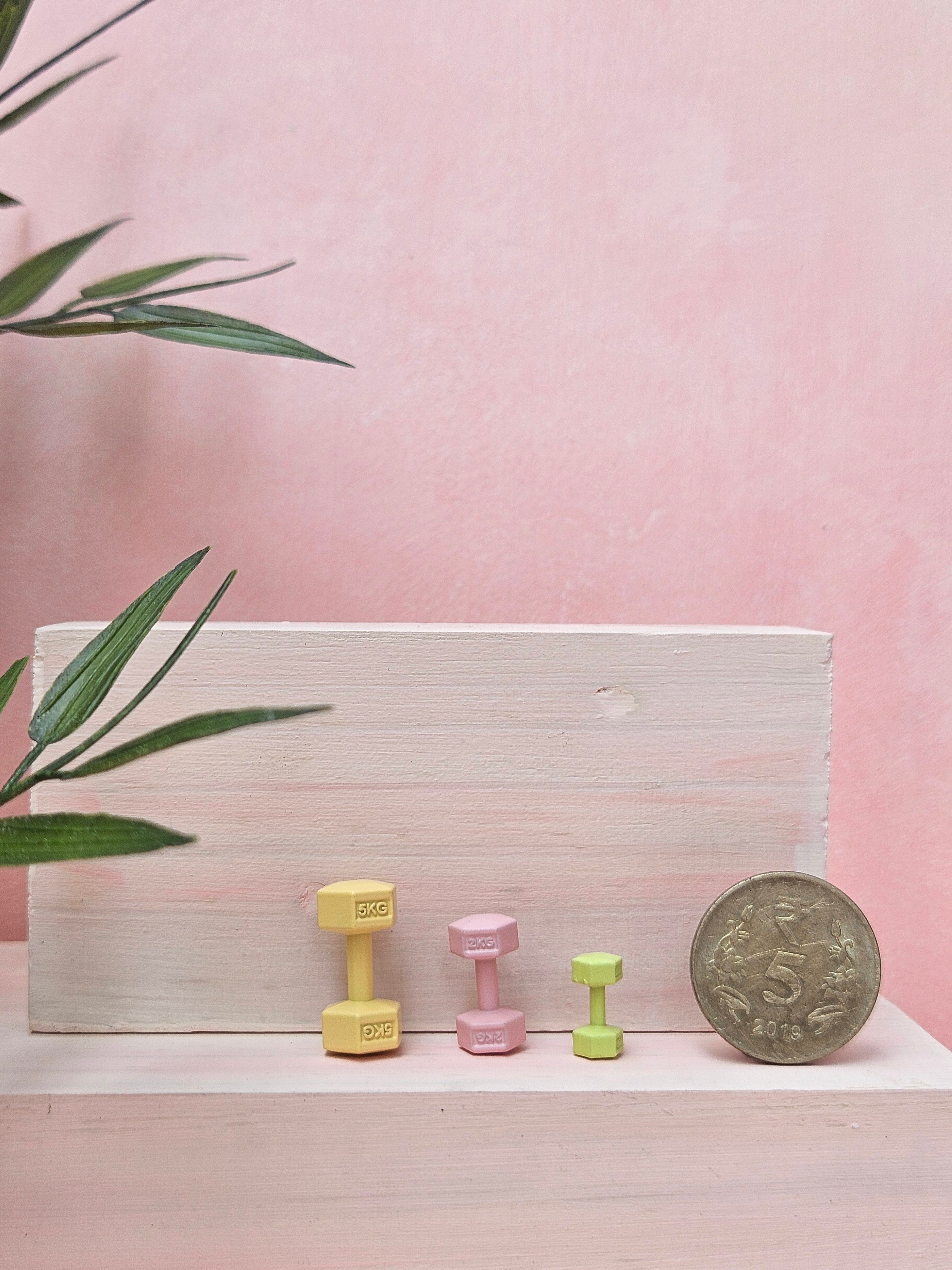 Miniature green dumbbells DIY craft supply and dollhouse gym collectible in India.