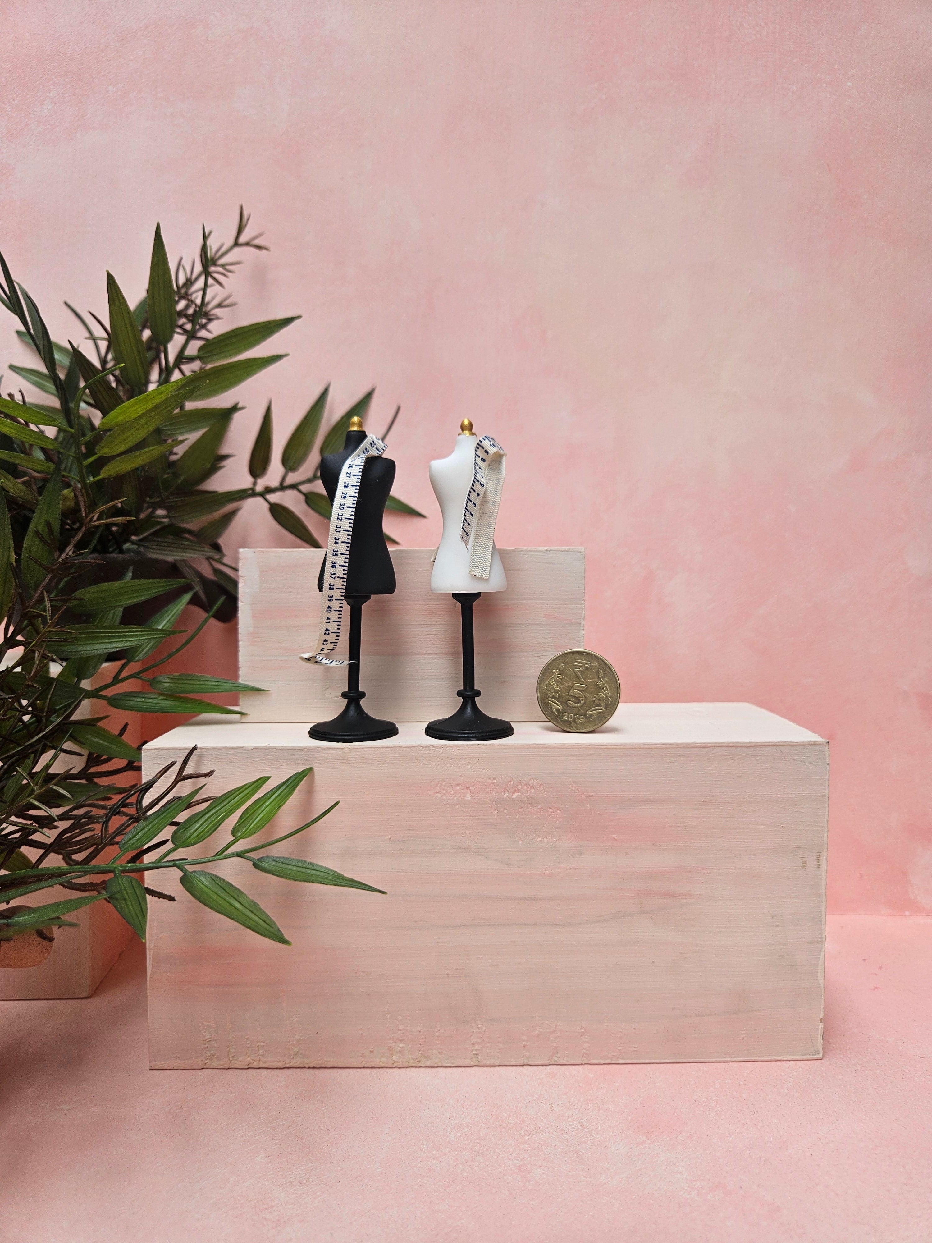Miniature sewing mannequin black and white and tape collectible gift with detailed fashion design in India