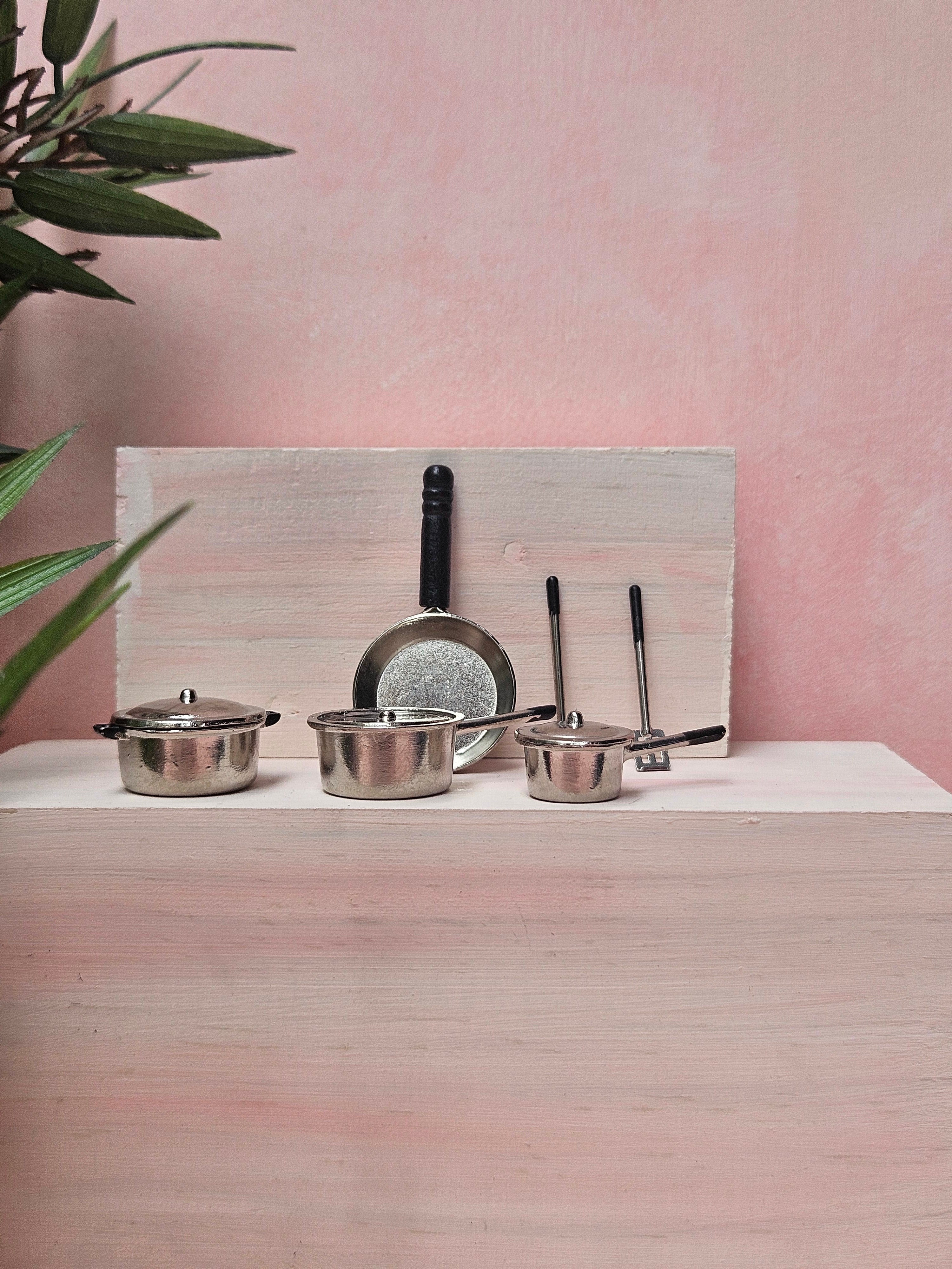 "Handmade miniature steel utensils dollhouse kitchen set"