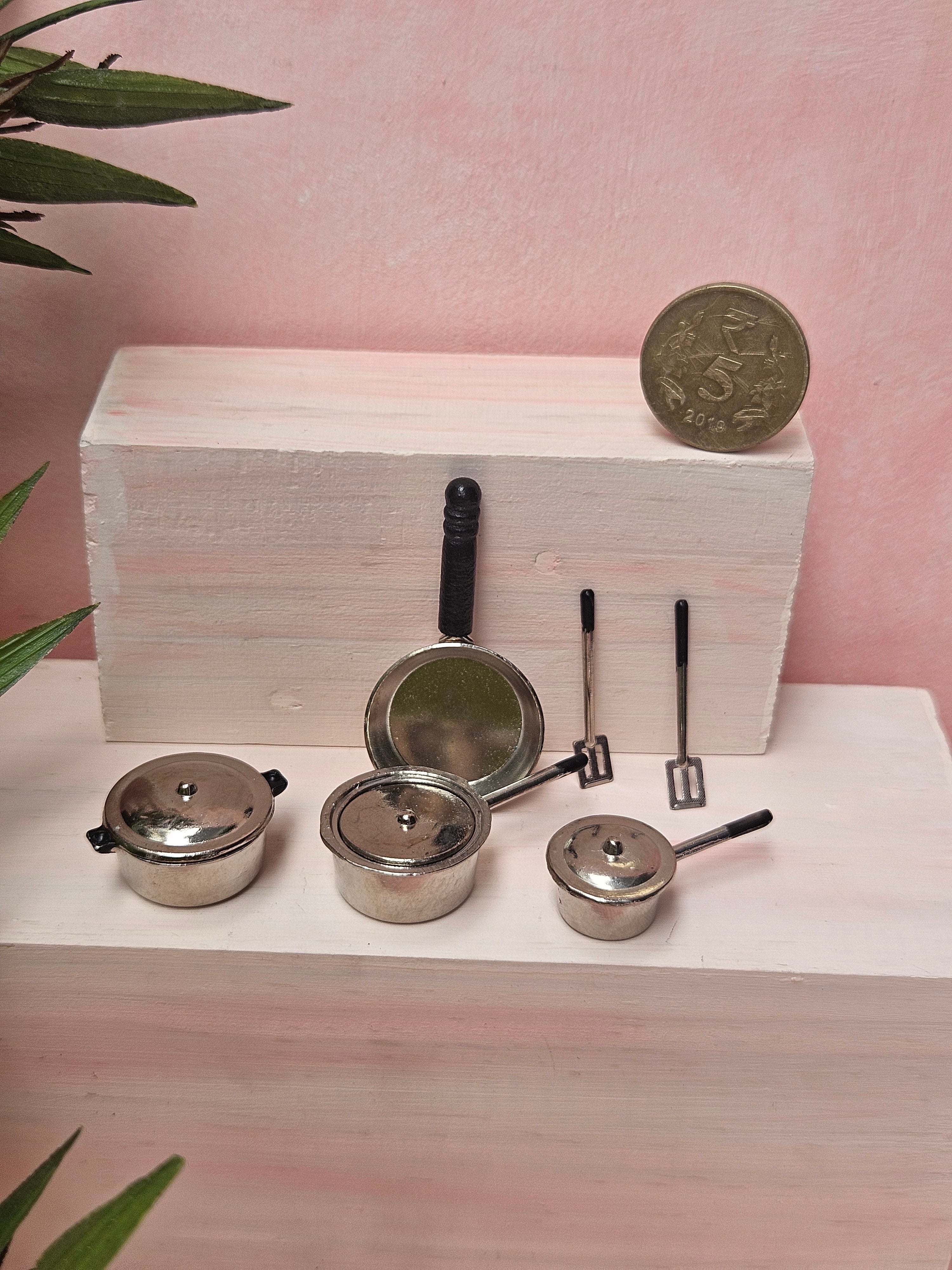 "Handmade miniature steel utensils dollhouse kitchen set"