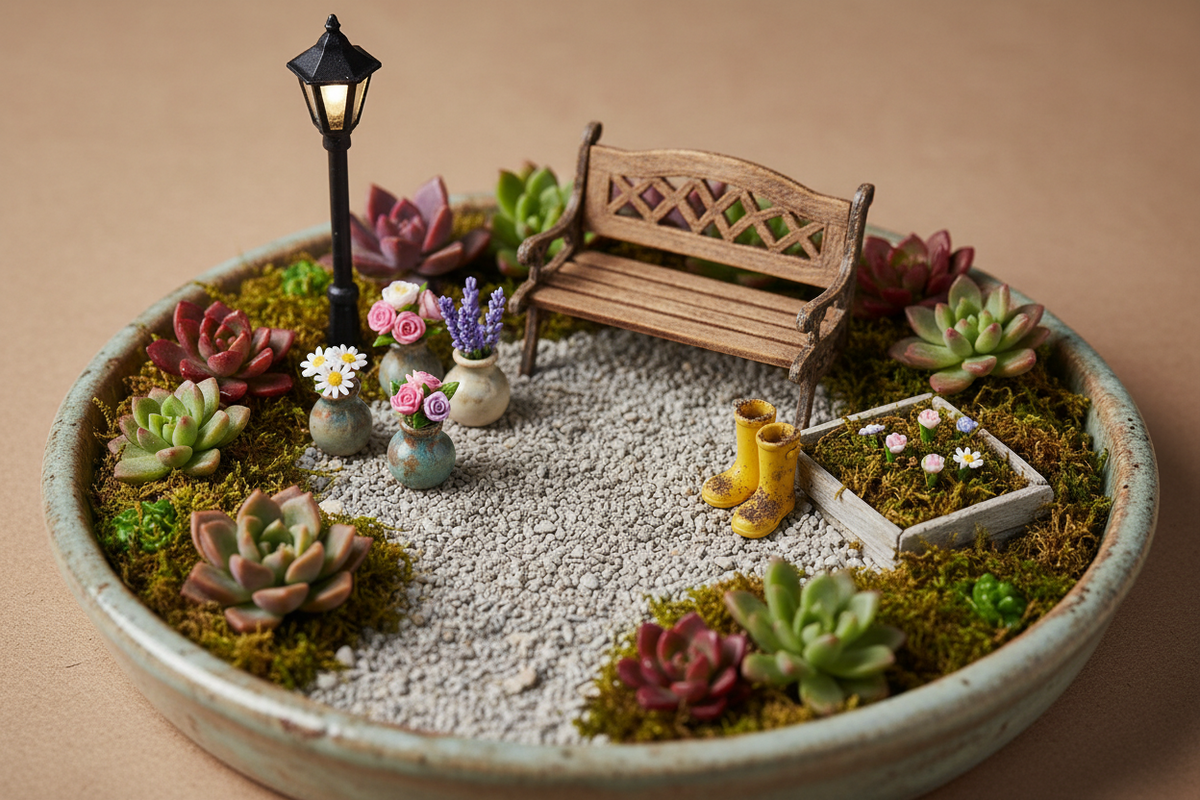 A miniature garden scene with handcrafted 1:12 scale accessories including a bench, street lamp, vases, and rainboots arranged among moss and gravel pathways