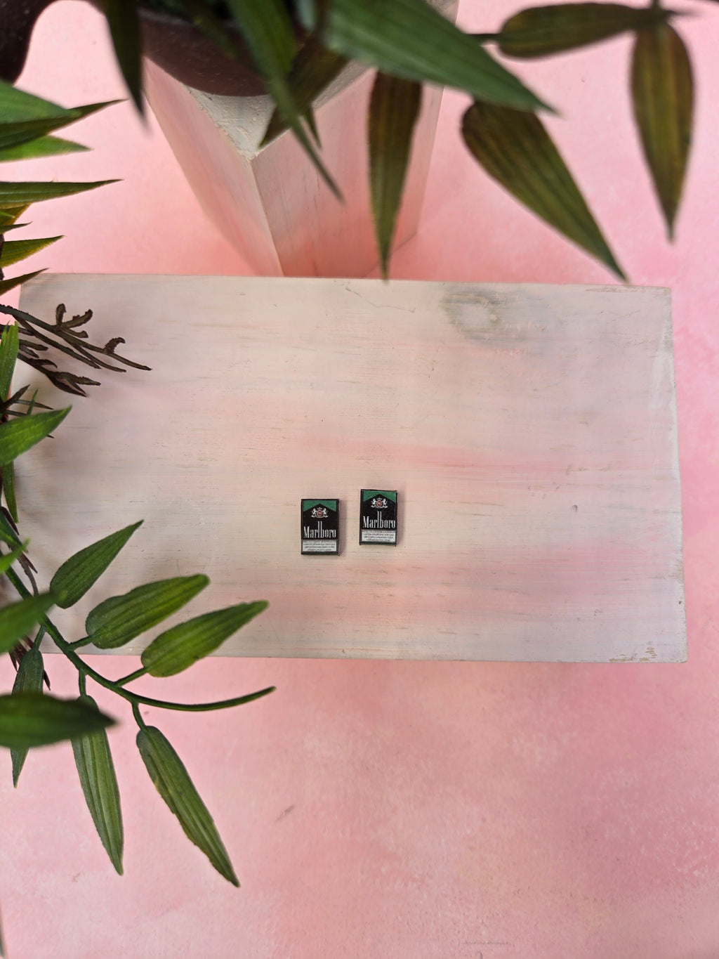 Two small black boxes on a wooden surface with a pink background and green leaves.