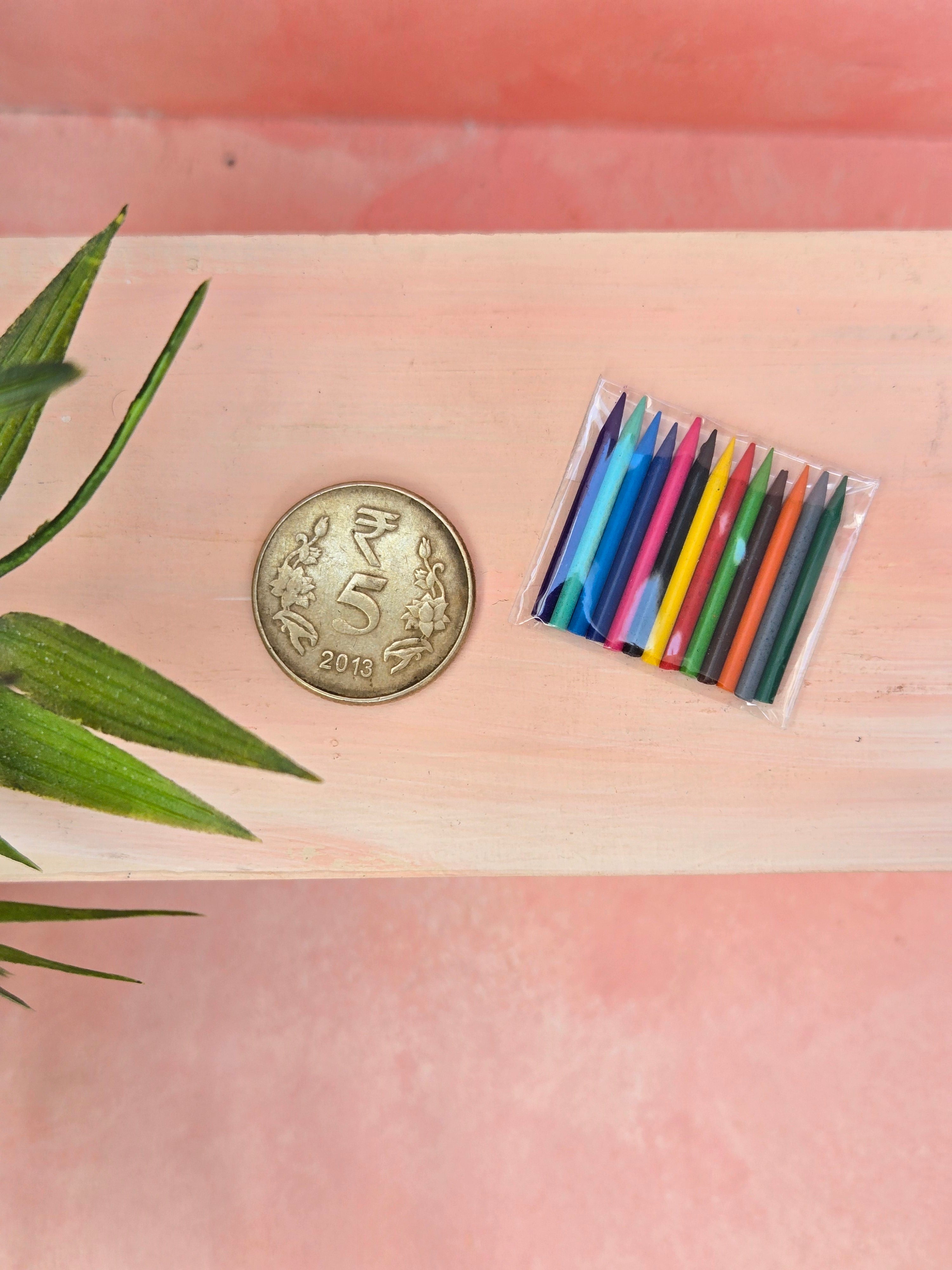 Set of colorful pencils next to a coin on a wooden surface with a plant in the corner.