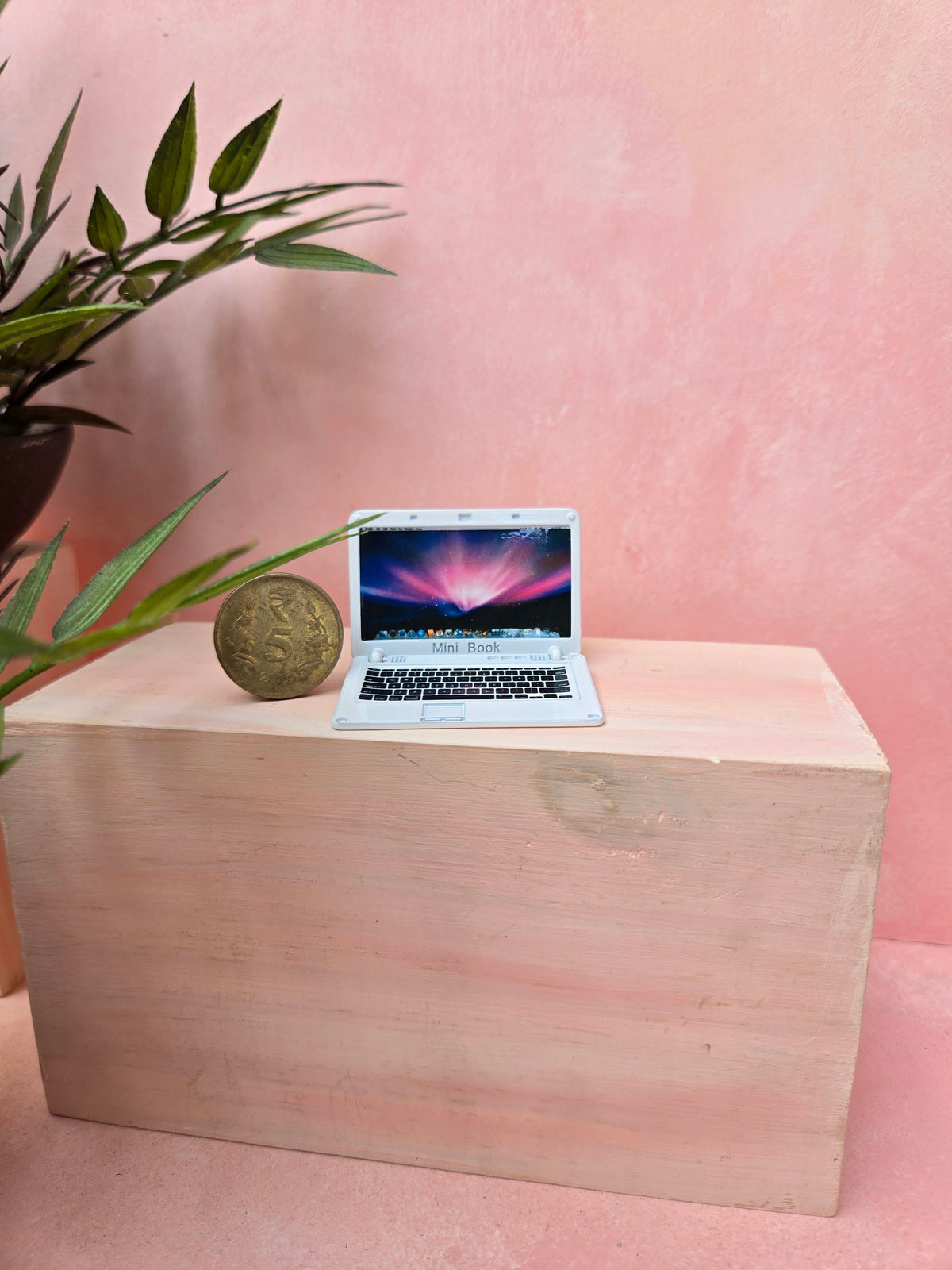 Laptop on a wooden block with a pink background