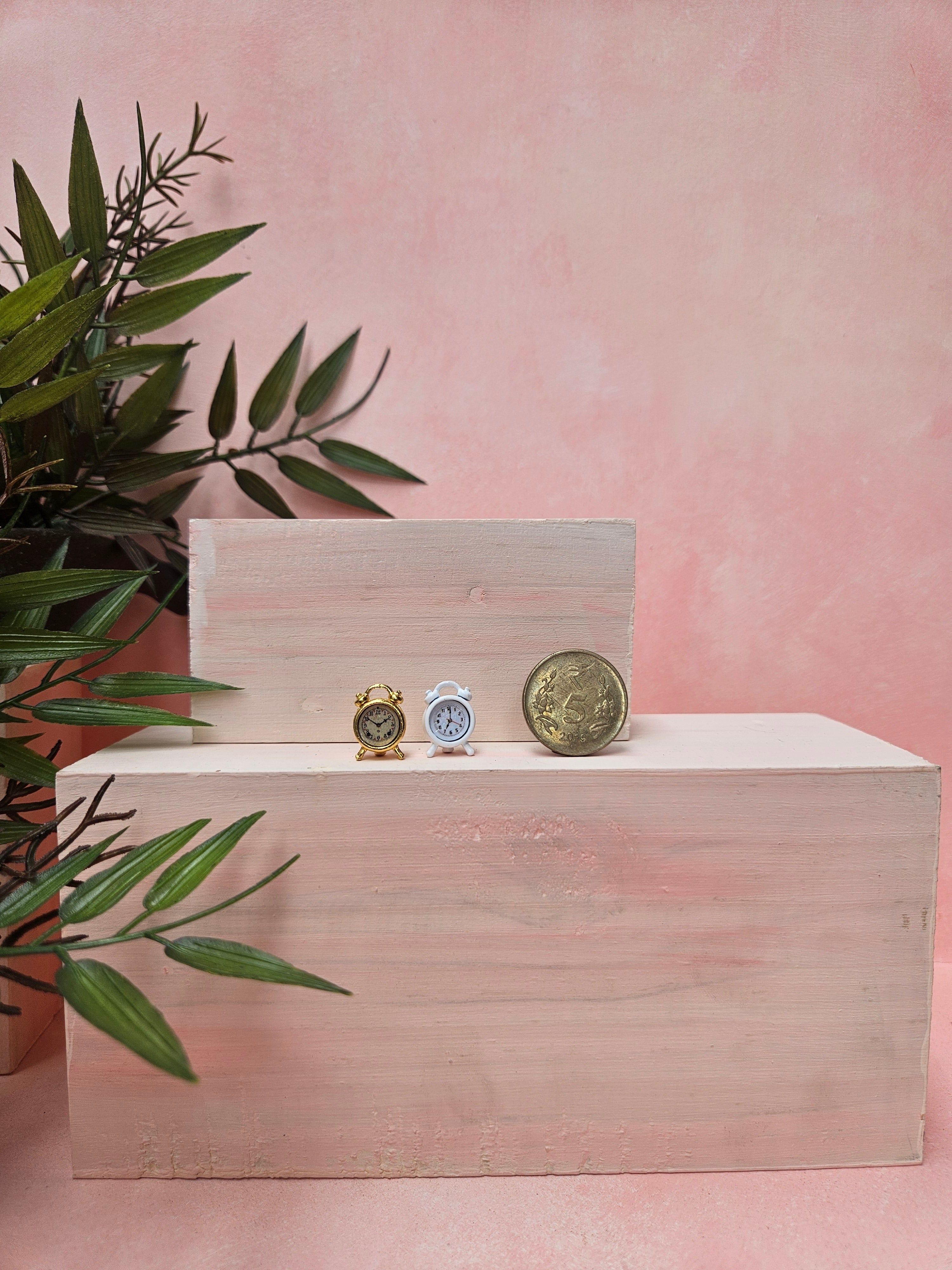 Miniature  gold and white alarm clock with realistic vintage design for dollhouse décor and collectibles and Craft in India