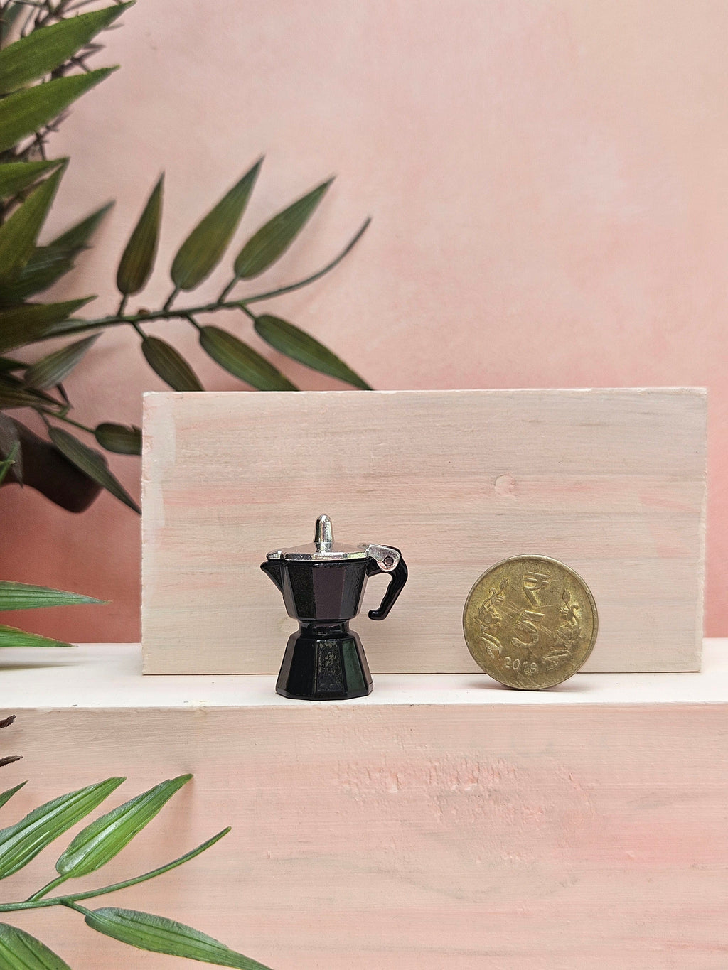 Miniature espresso moka pot collectible gift for coffee lovers and dollhouse accessories.