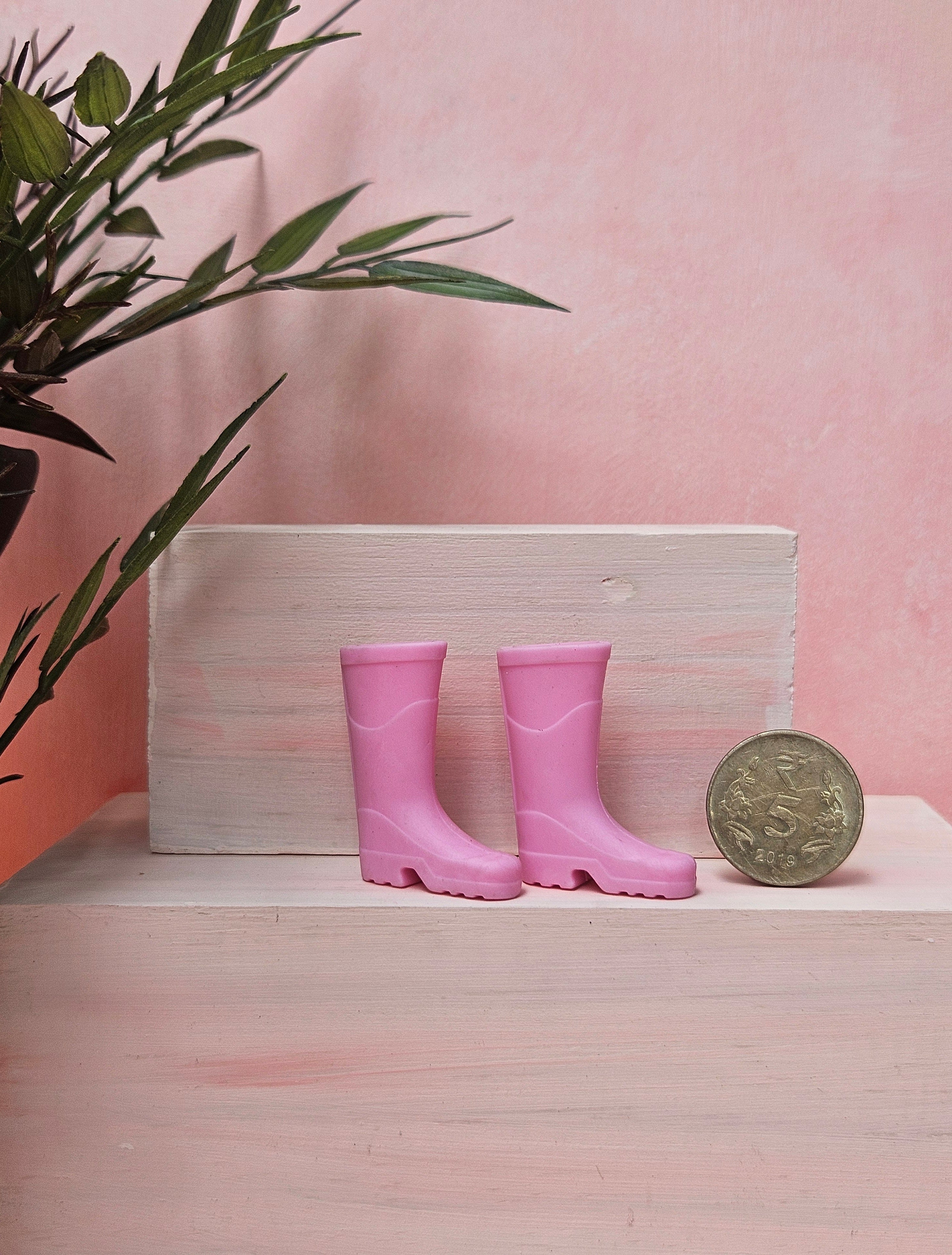 Miniature pink rainboots DIY craft supply and dollhouse collectible in India.