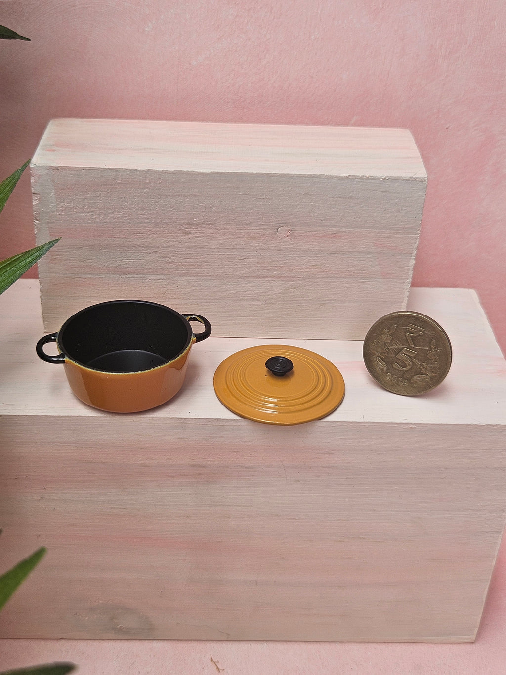 "Tiny serving pan collectible for dollhouse cooking scene"