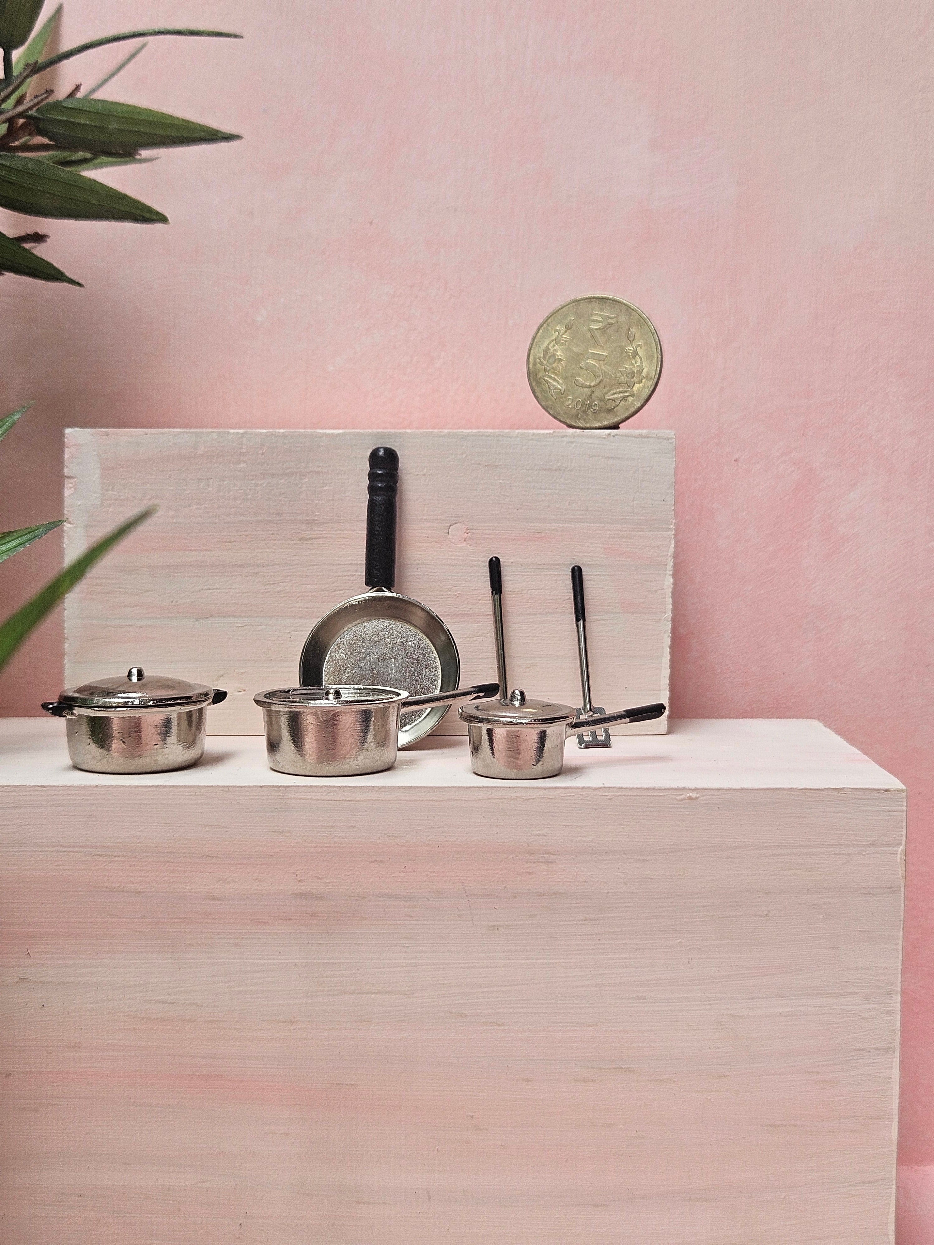 "Miniature steel kitchen utensils handmade dollhouse accessory"