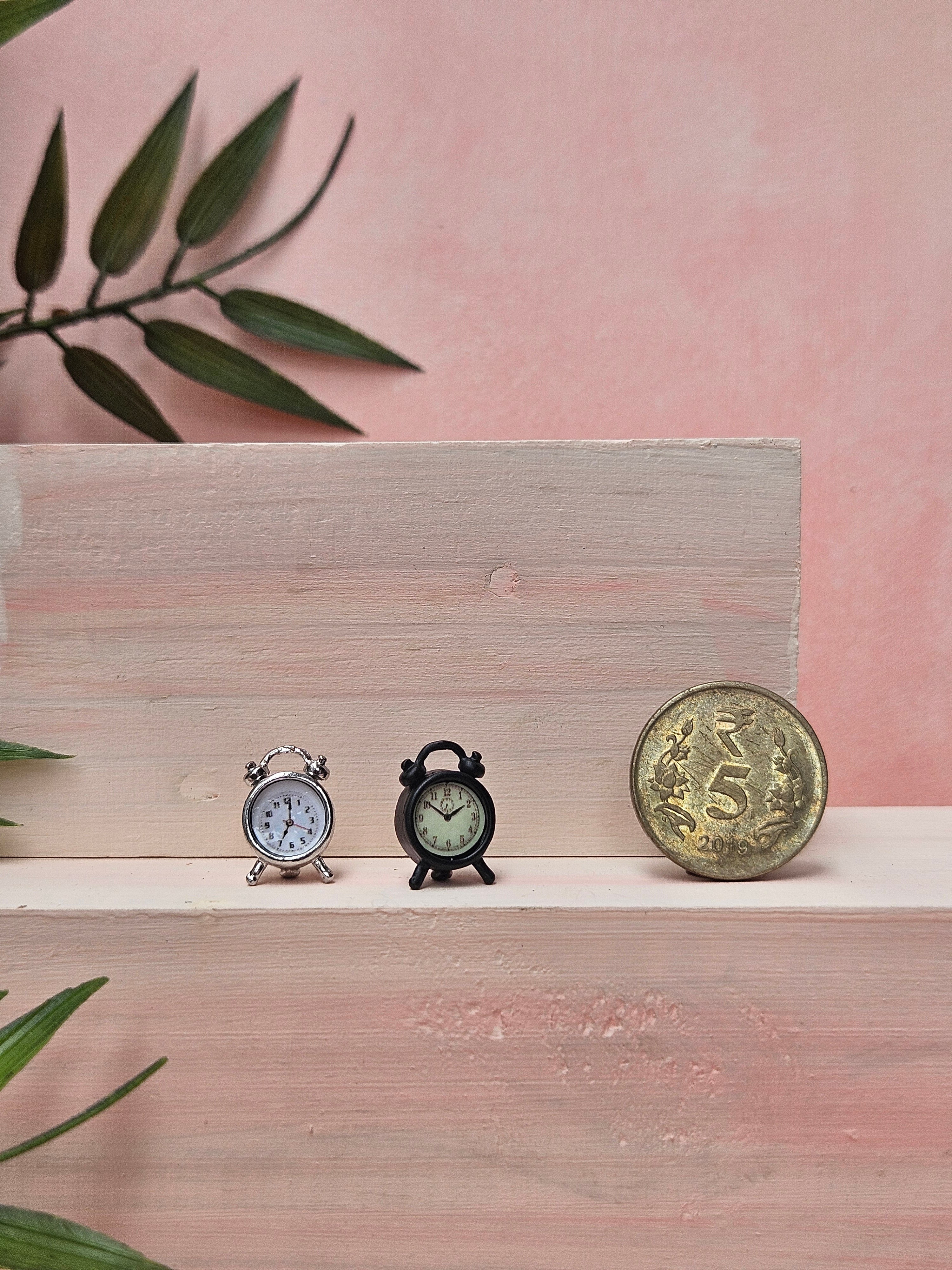 Miniature  silver and black alarm clock with realistic vintage design for dollhouse décor and collectibles India